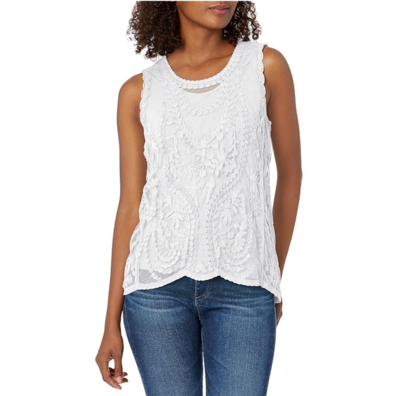 Tribal Tops - Tribal Jeans Crochet Mesh Overlay Tank with Scallop Hem Size XL White